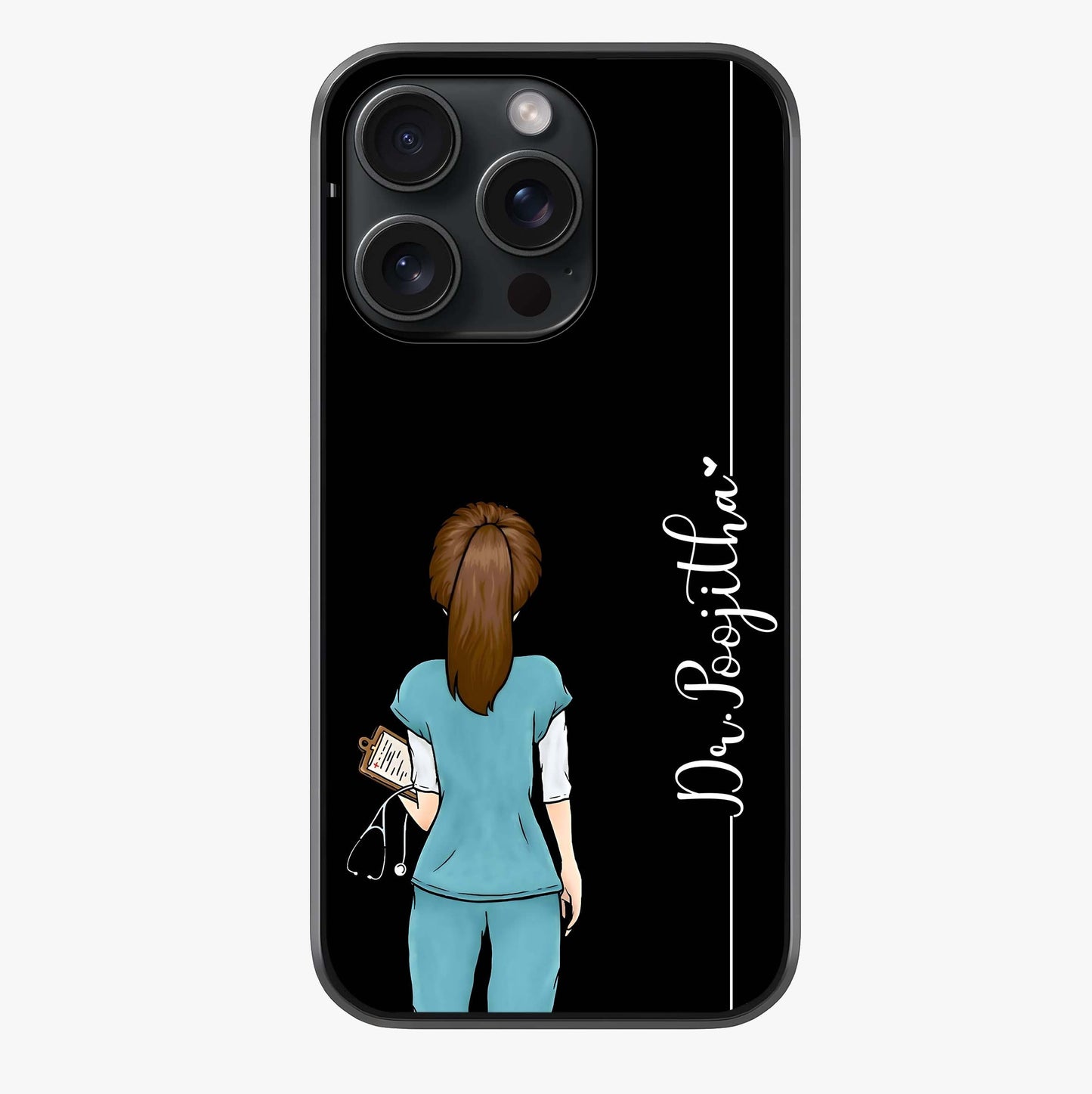 Doctor Pattern Custom Name Glass Case showing full back design in clean flat view with glossy glass finish.