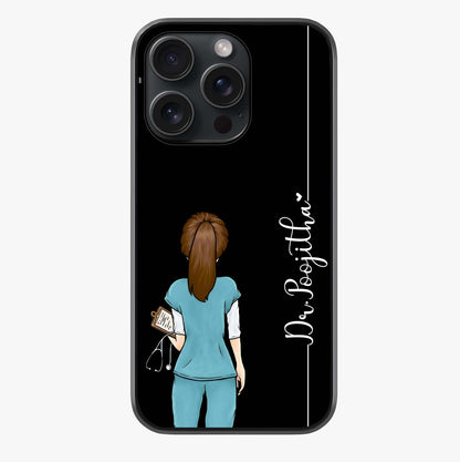 Doctor Pattern Custom Name Glass Case showing full back design in clean flat view with glossy glass finish.