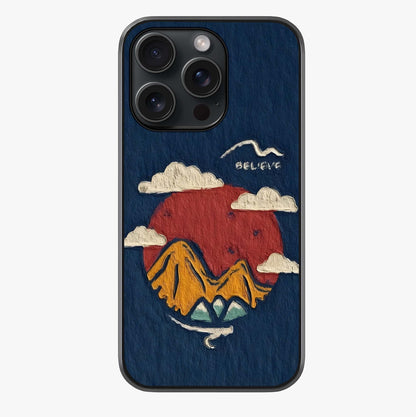 Dream Beyond Mountains Glass Case showing full back design in clean flat view with glossy glass finish.