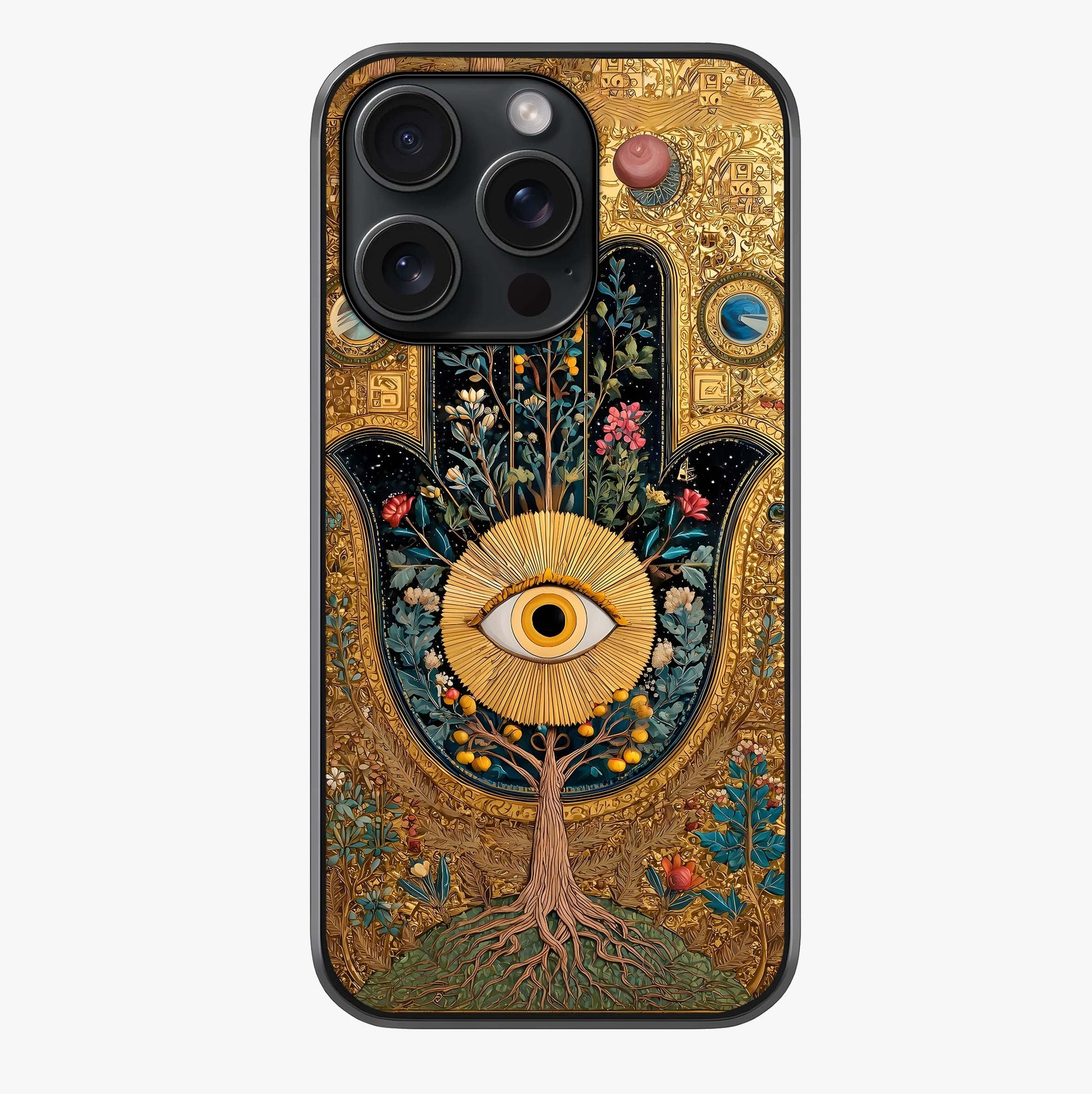 Ethereal Evil Eye Glass Case showing full back design in clean flat view with glossy glass finish.
