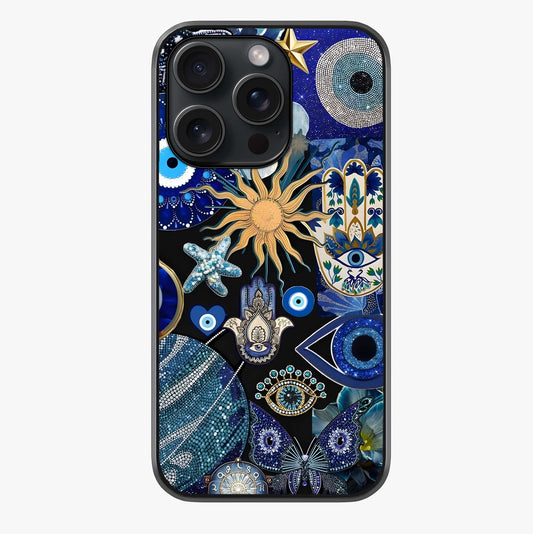 Evil Eye Charm Mix Glass Case showing full back design in clean flat view with glossy glass finish.