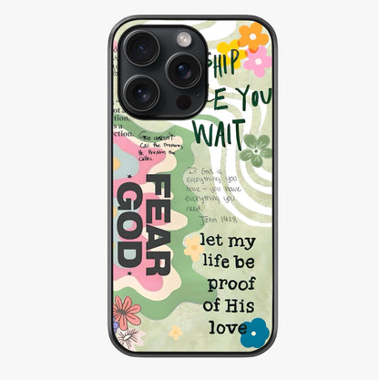 Faith Over Fear Glass Case showing full back design in clean flat view with glossy glass finish.