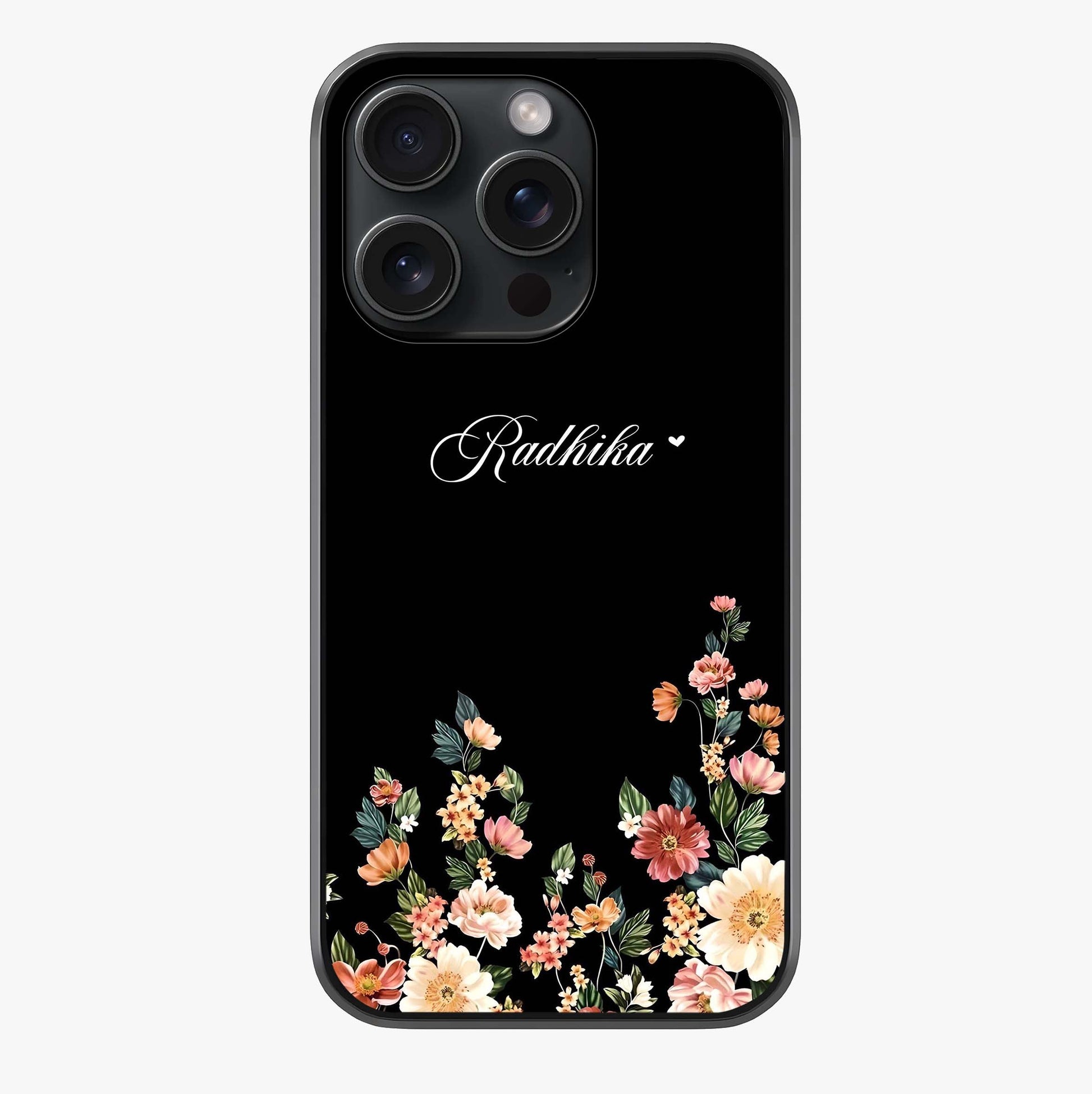 Floral Design With A Custom Personalized Name Glass Case showing full back design in clean flat view with glossy glass finish.