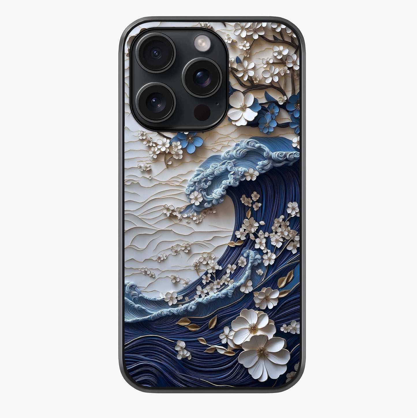 Floral Wave Origami Glass Case showing full back design in clean flat view with glossy glass finish.