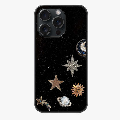Galactic Charm Glow Glass Case showing full back design in clean flat view with glossy glass finish.