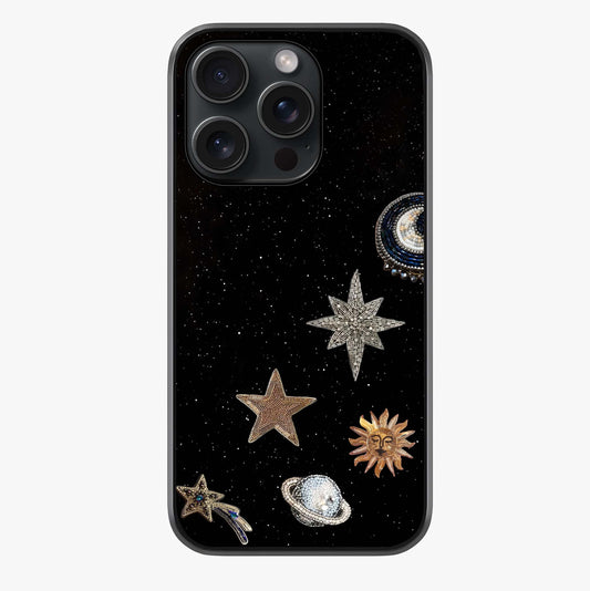 Galactic Charm Glow Glass Case showing full back design in clean flat view with glossy glass finish.