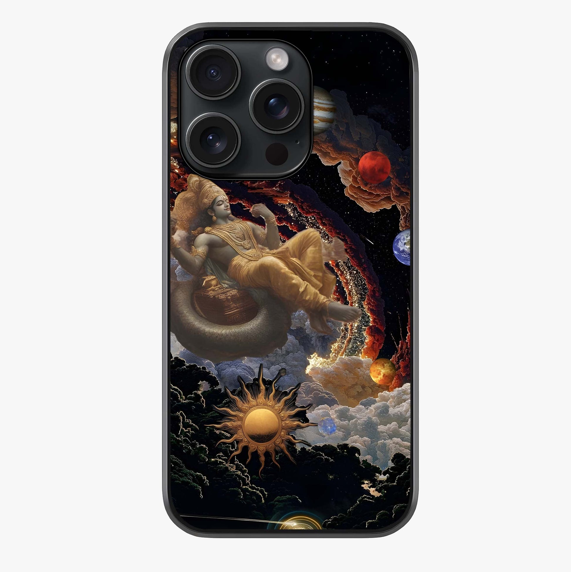 Galactic Divine God Glass Case showing full back design in clean flat view with glossy glass finish.