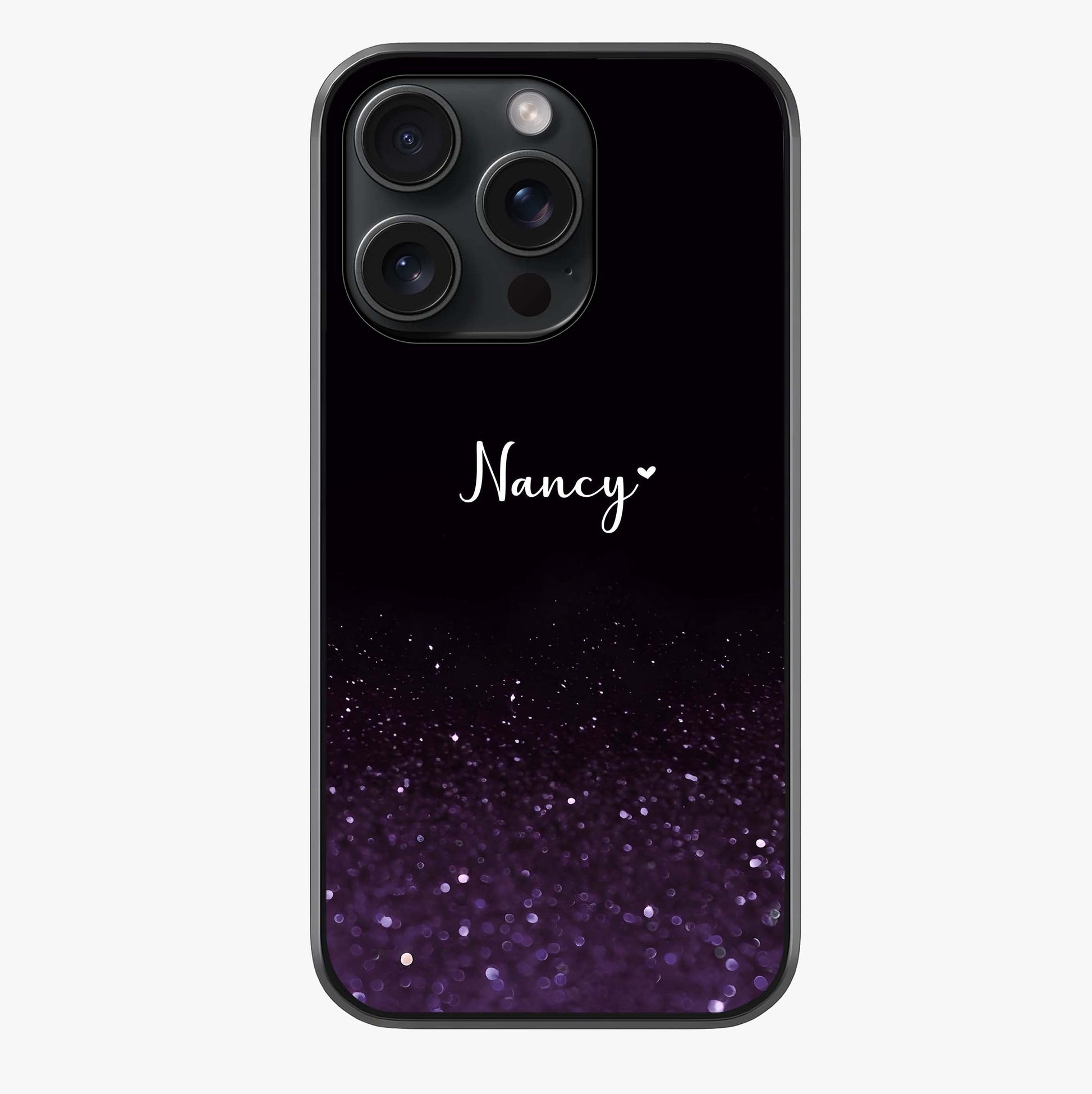 Glittery Purple Bokeh Custom Name Glass Case showing full back design in clean flat view with glossy glass finish.
