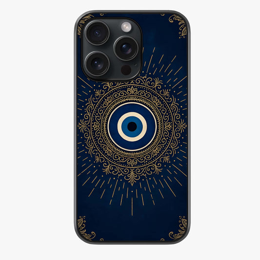 Golden Evil Eye Mandala Glass Case showing full back design in clean flat view with glossy glass finish.