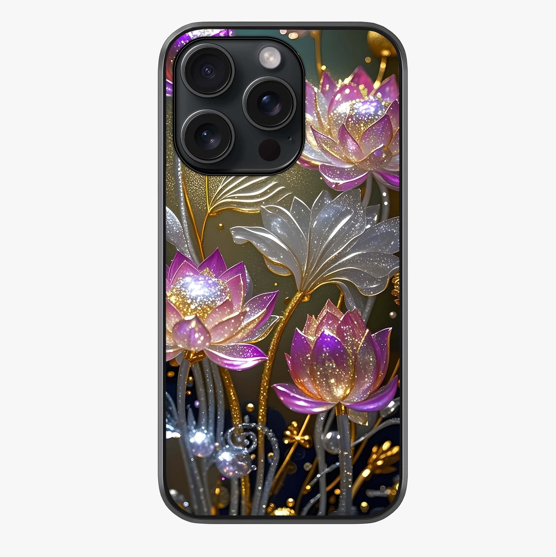 Golden Lotus Glow Glass Case showing full back design in clean flat view with glossy glass finish.