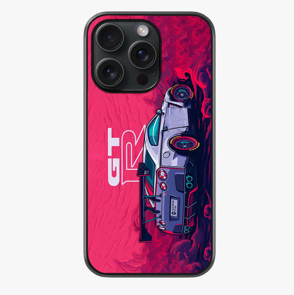 GT R Car Pattern Glass Case showing full back design in clean flat view with glossy glass finish.