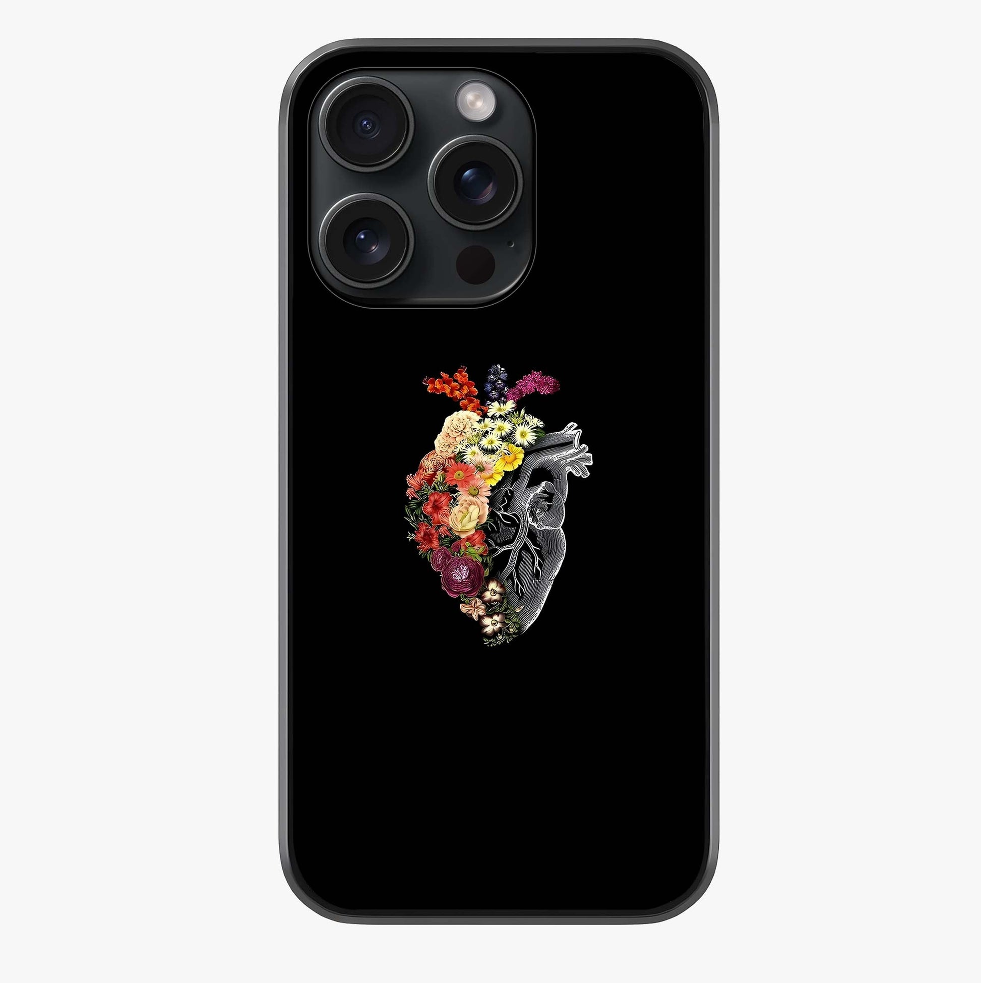 Heart With Flowers Glass Case showing full back design in clean flat view with glossy glass finish.