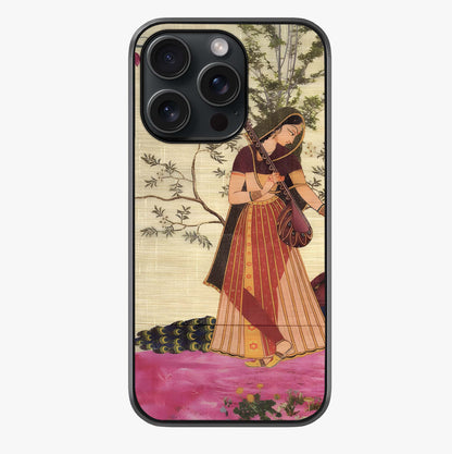 Lady With Veena Art Glass Case showing full back design in clean flat view with glossy glass finish.