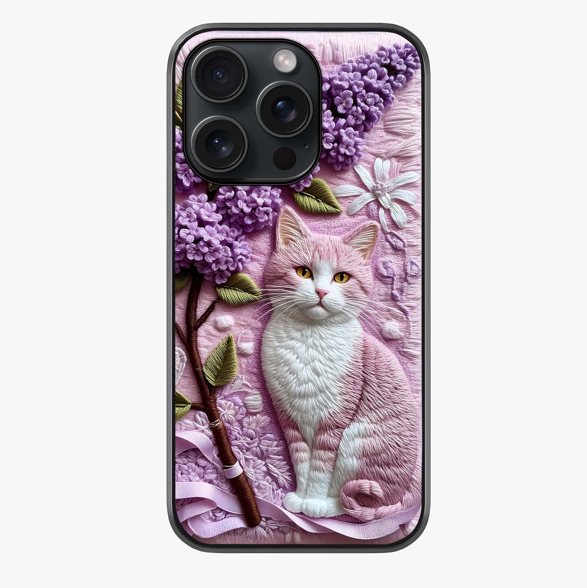 Lavender Cat Whimsy Glass Case showing full back design in clean flat view with glossy glass finish.