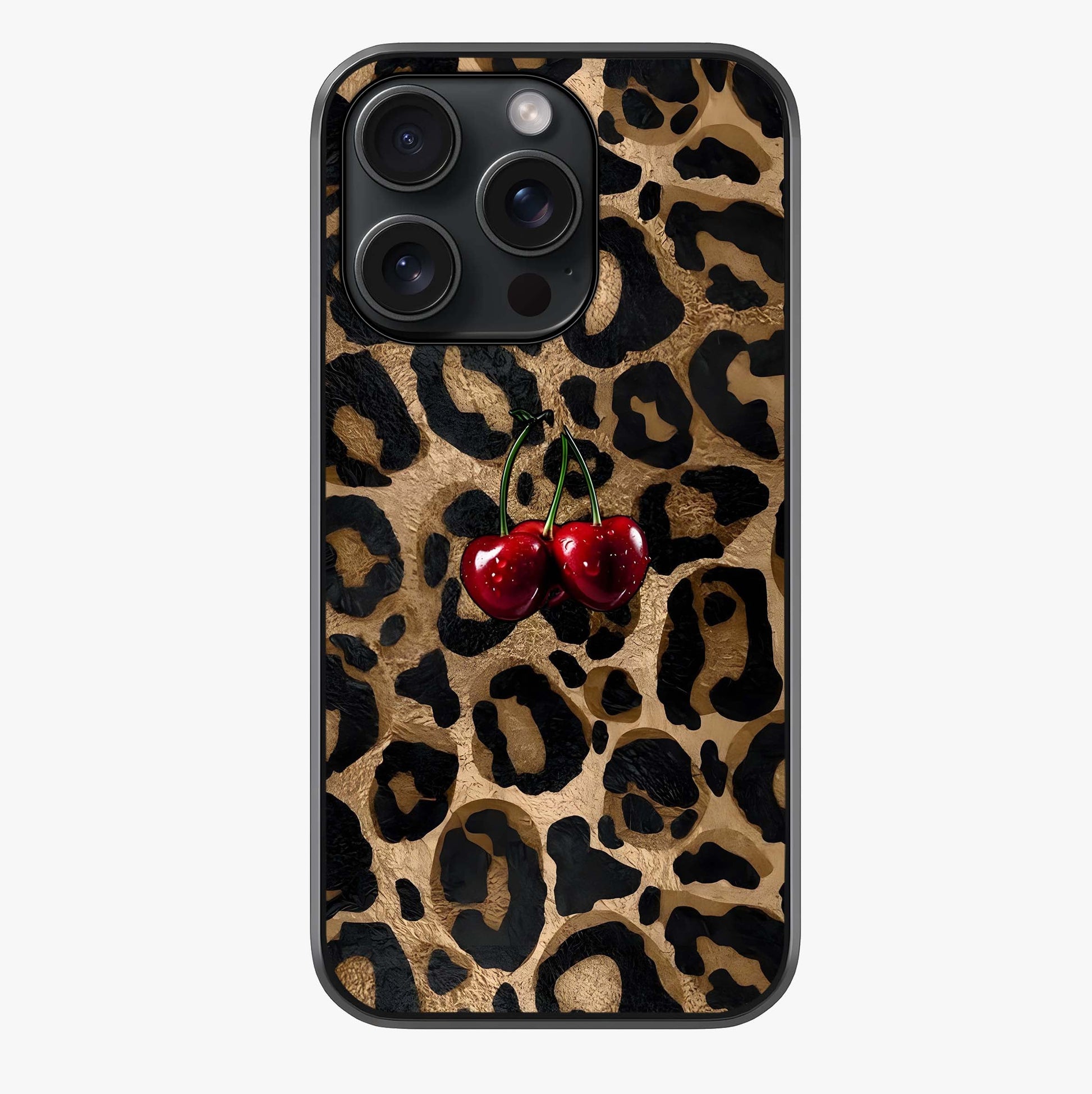 Leopard Wild Cherry Glass Case showing full back design in clean flat view with glossy glass finish.