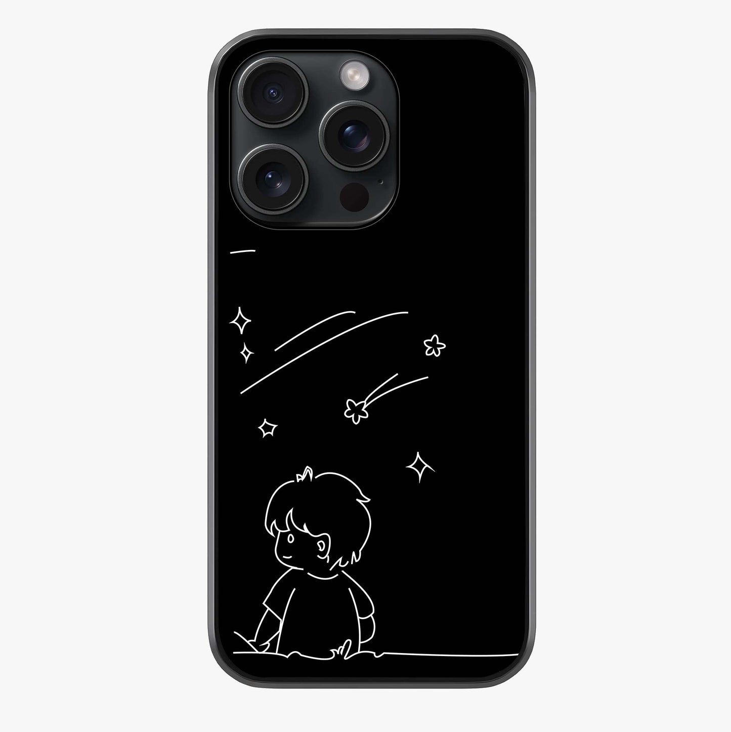 Line Art Boy With Shooting Stars Glass Case showing full back design in clean flat view with glossy glass finish.