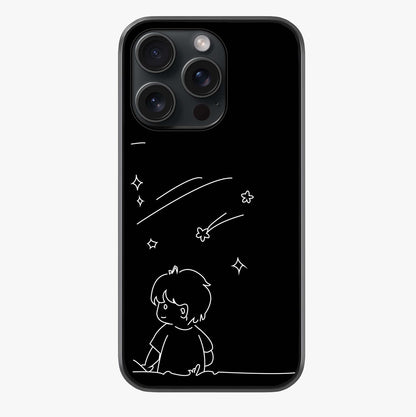 Line Art Boy With Shooting Stars Glass Case showing full back design in clean flat view with glossy glass finish.