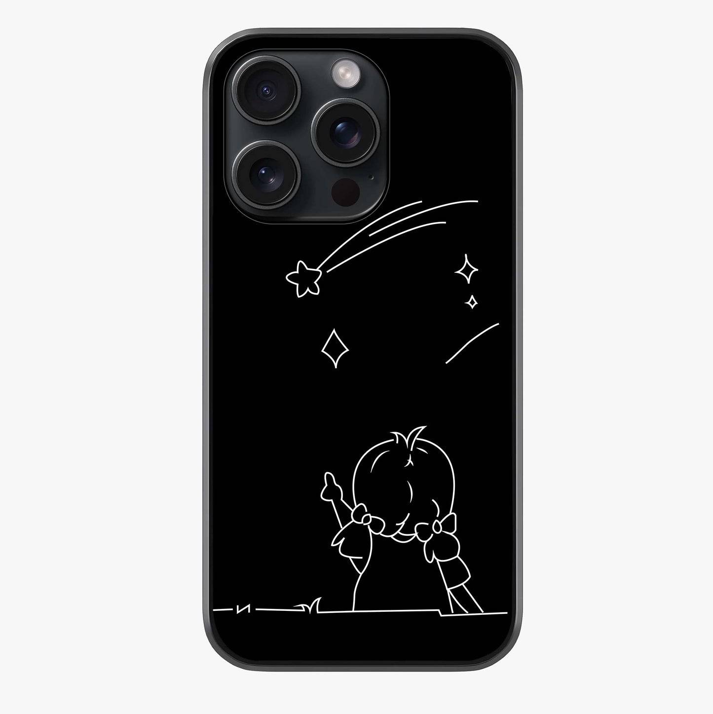 Line Art Girl With Shooting Stars Glass Case showing full back design in clean flat view with glossy glass finish.