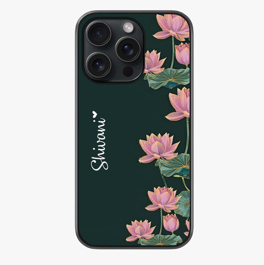 Lotus Bloom Serenity Custom Name Glass Case showing full back design in clean flat view with glossy glass finish.