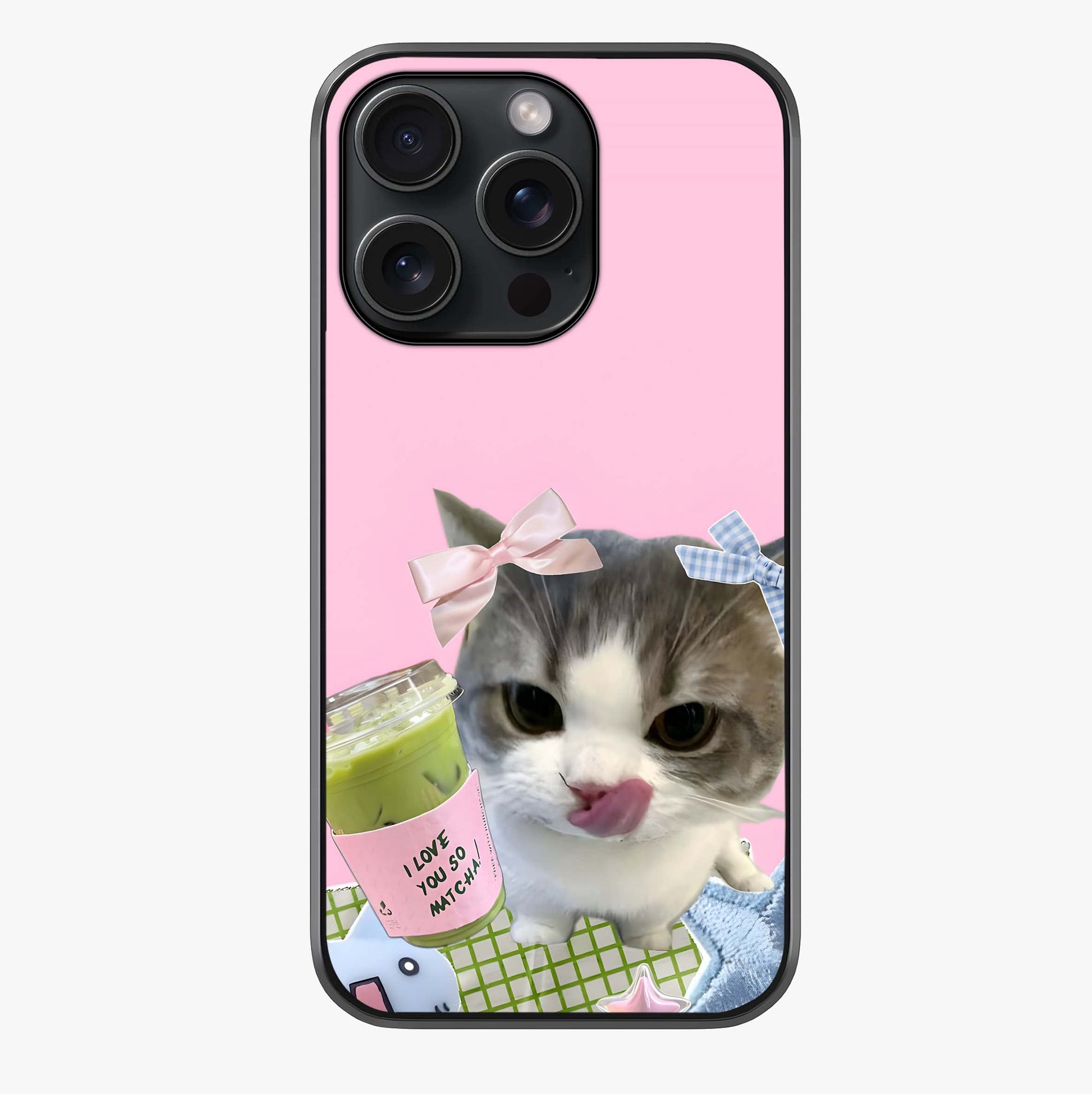 Love Matcha Cat Glass Case showing full back design in clean flat view with glossy glass finish.