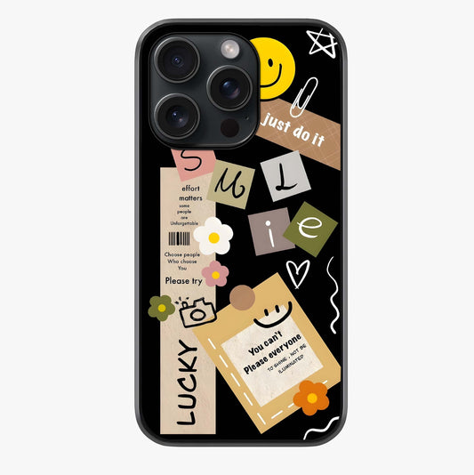 Lucky Aesthetic Collage Glass Case showing full back design in clean flat view with glossy glass finish.