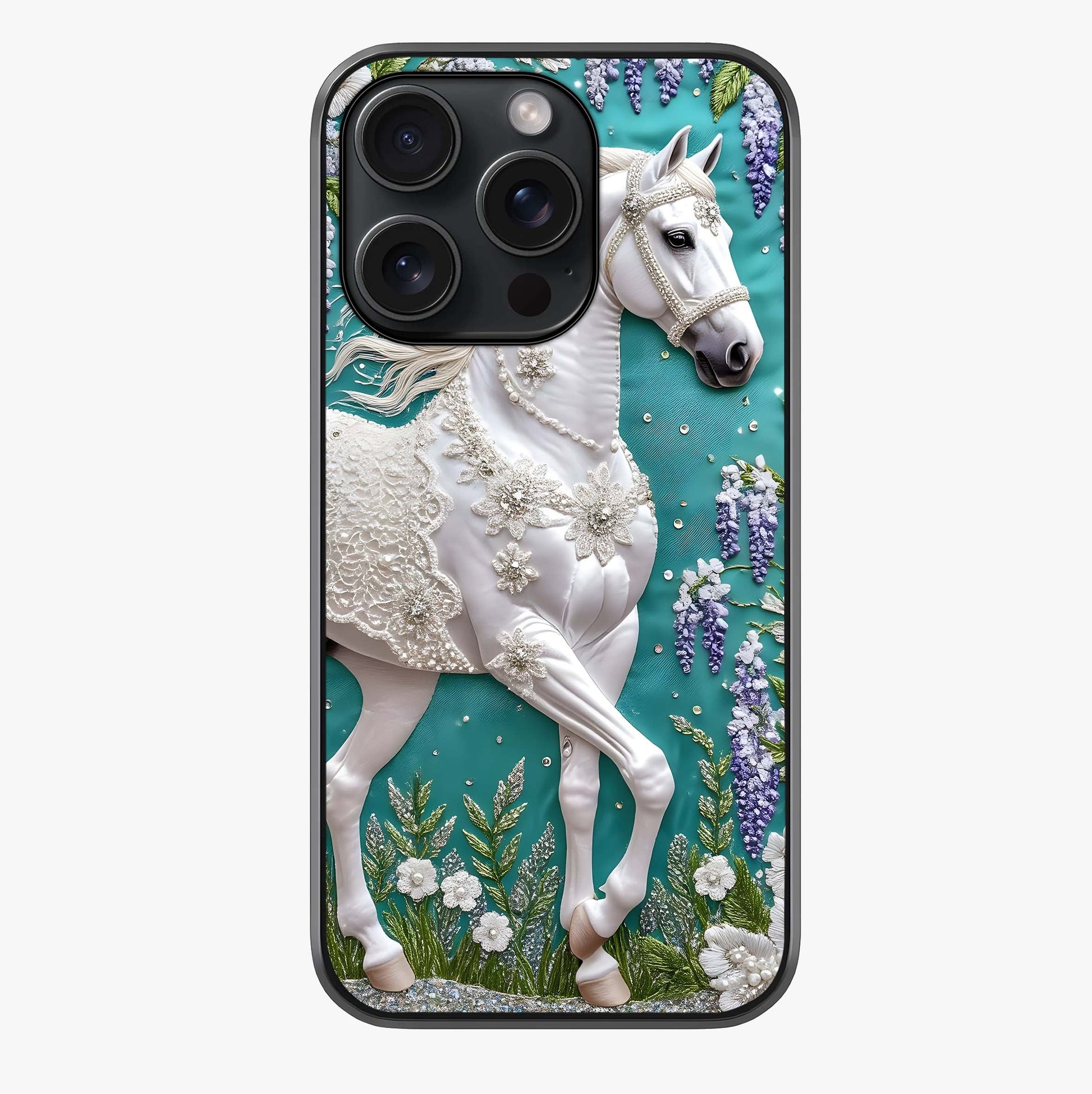 Majestic Floral Stallion Glass Case showing full back design in clean flat view with glossy glass finish.