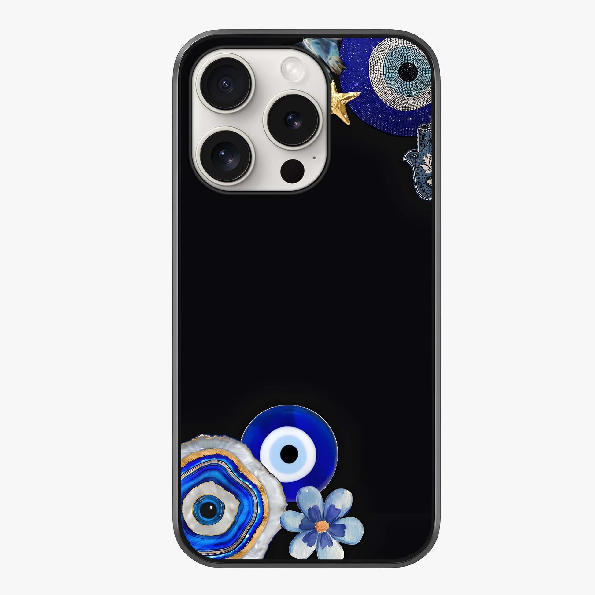 Aesthetic Blue Evil Eye Glass Case showing full back design in clean flat view with glossy glass finish.