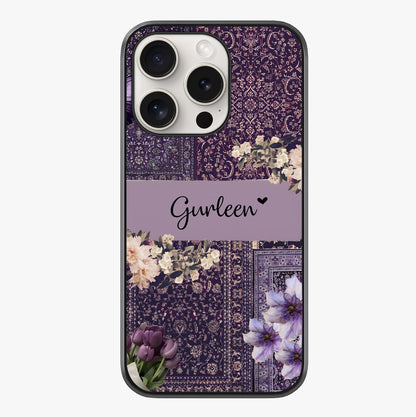 Antique Floral Whisper Custom Name Glass Case showing full back design in clean flat view with glossy glass finish.