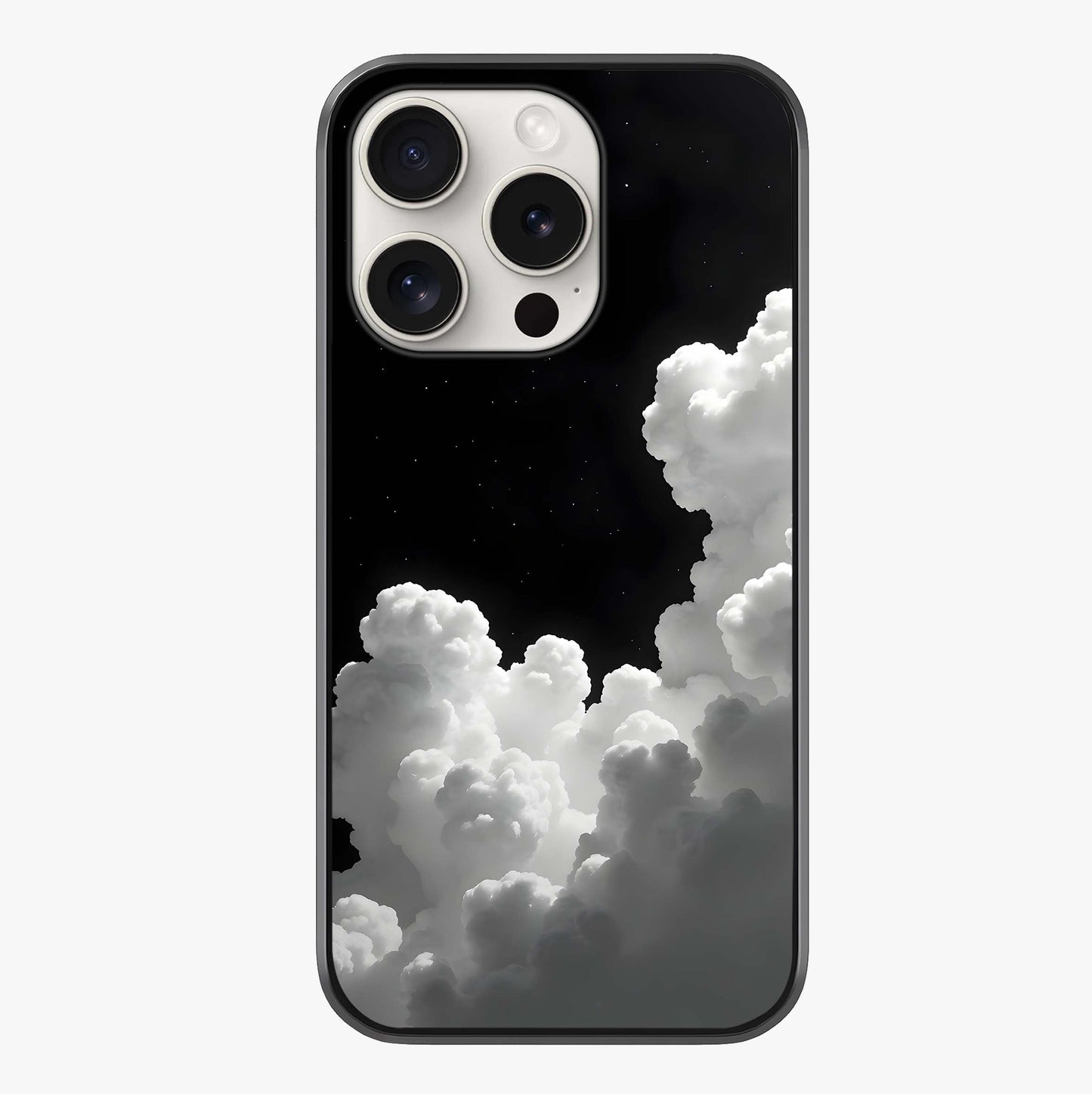 Black Background With White Cloud Glass Case showing full back design in clean flat view with glossy glass finish.