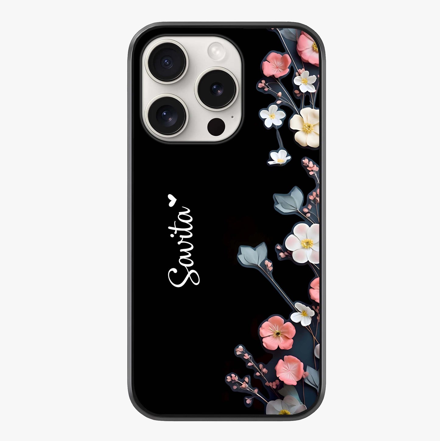 Black Elegance Floral Custom Name Glass Case showing full back design in clean flat view with glossy glass finish.