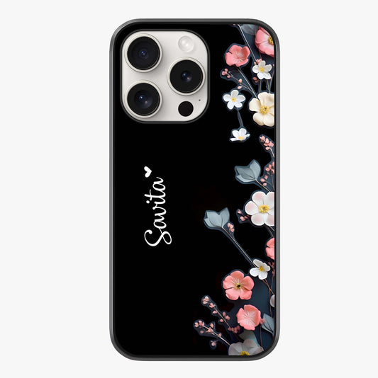 Black Elegance Floral Custom Name Glass Case showing full back design in clean flat view with glossy glass finish.