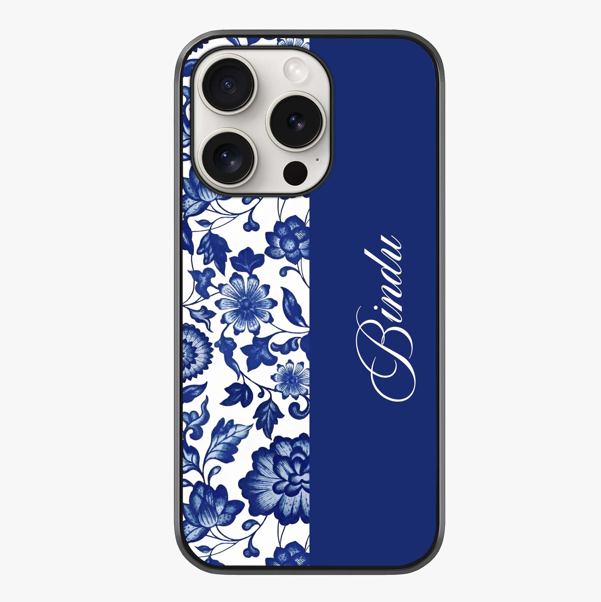 Blue Vintage Floral Pattern Glass Case showing full back design in clean flat view with glossy glass finish.