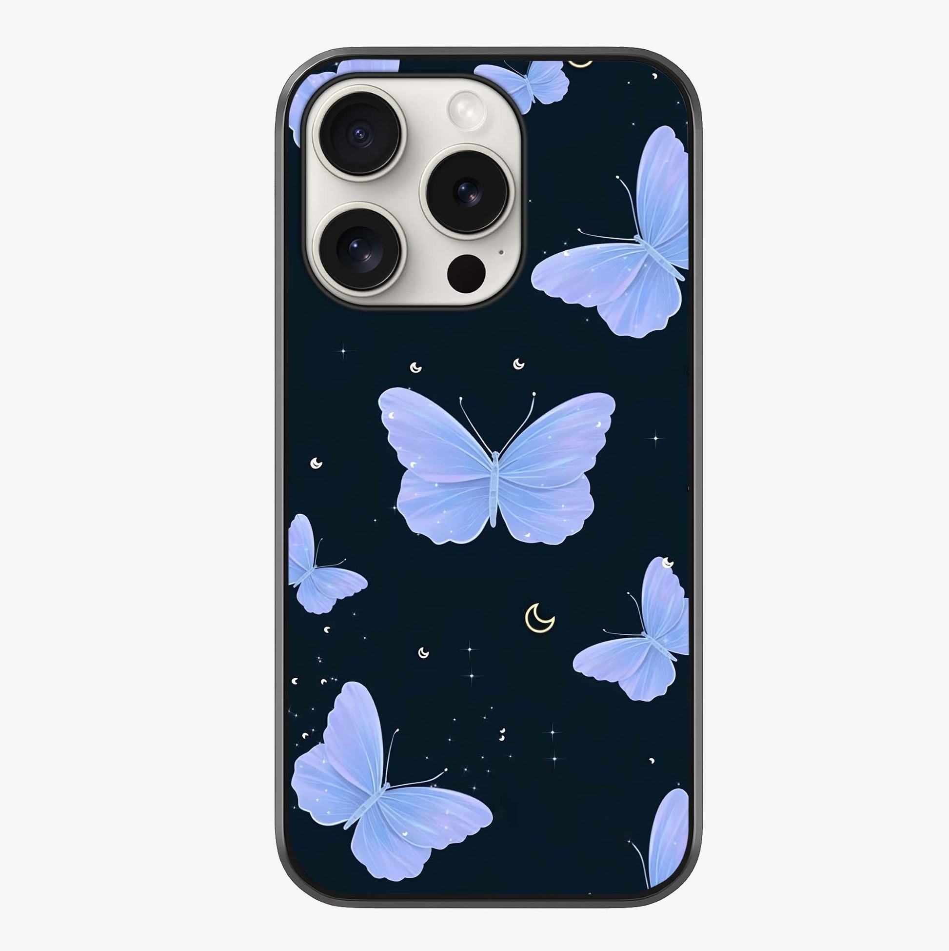 Butterfly With Stars Pattern Glass Case showing full back design in clean flat view with glossy glass finish.