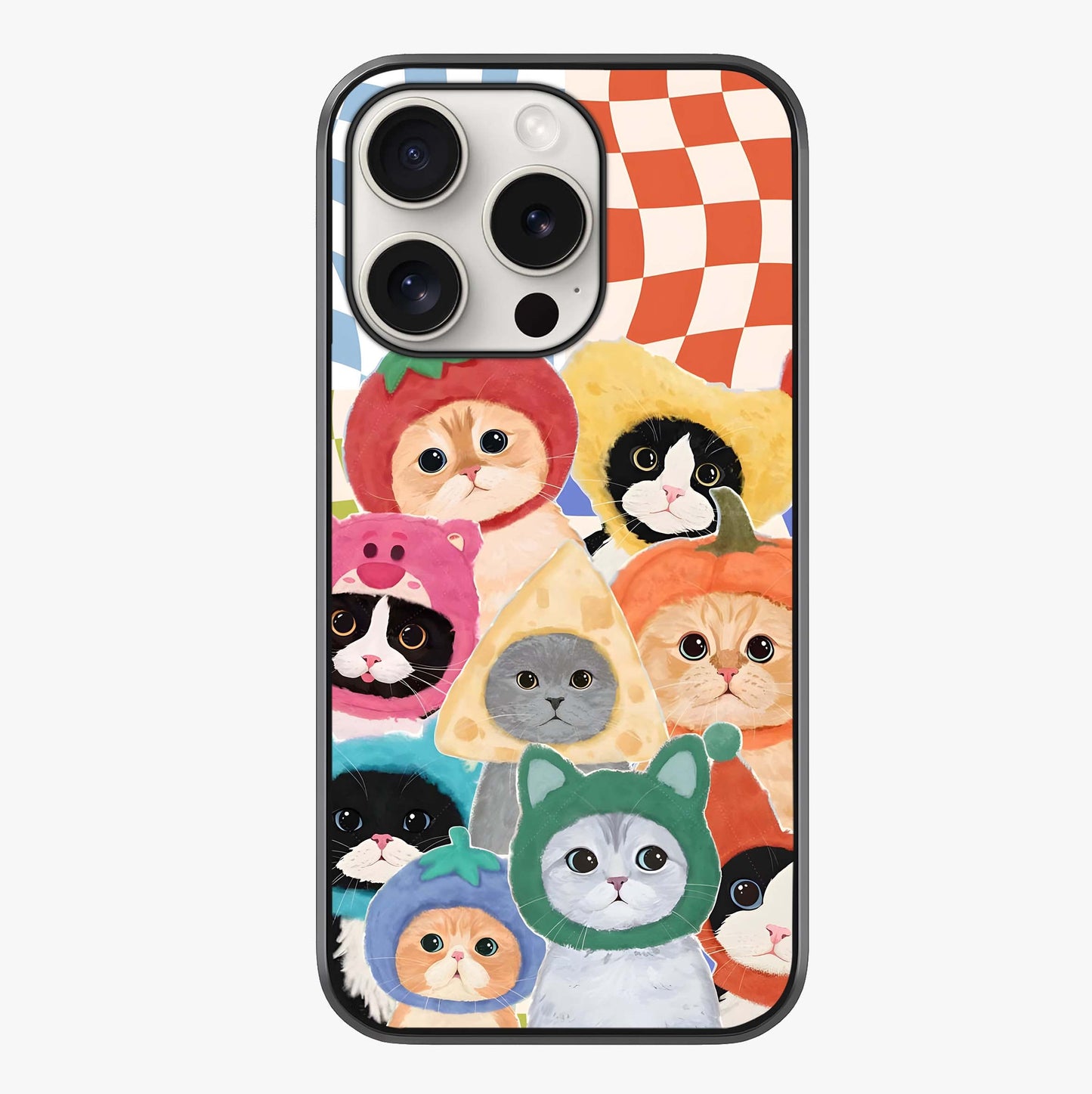 Cats In Fruits Glass Case showing full back design in clean flat view with glossy glass finish.