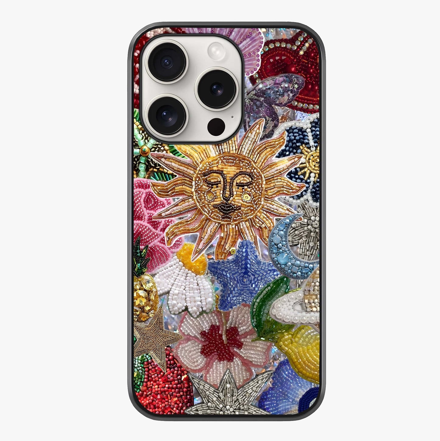 Celestial Floral And Playful Glass Case showing full back design in clean flat view with glossy glass finish.