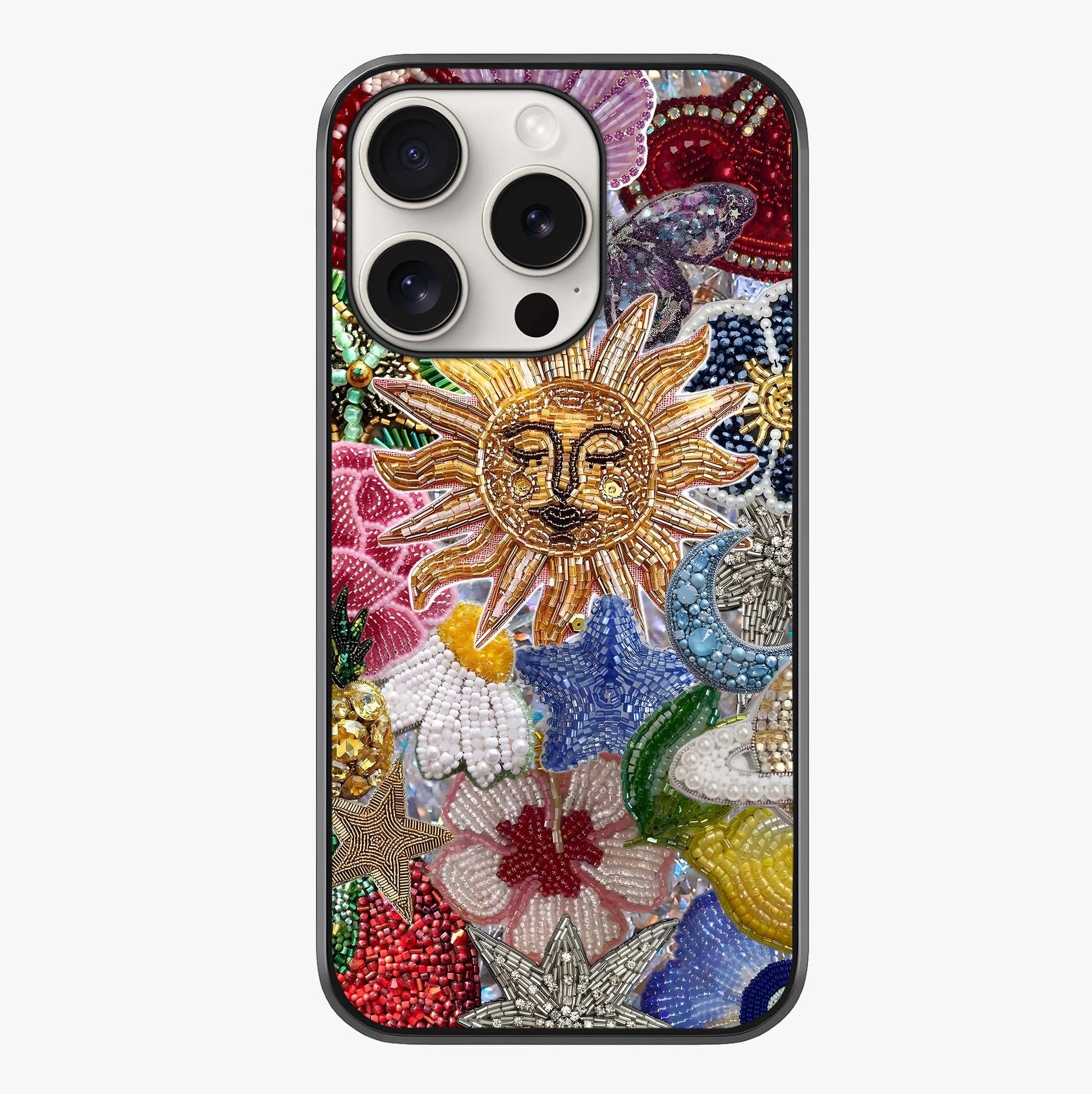 Celestial Floral And Playful Glass Case showing full back design in clean flat view with glossy glass finish.