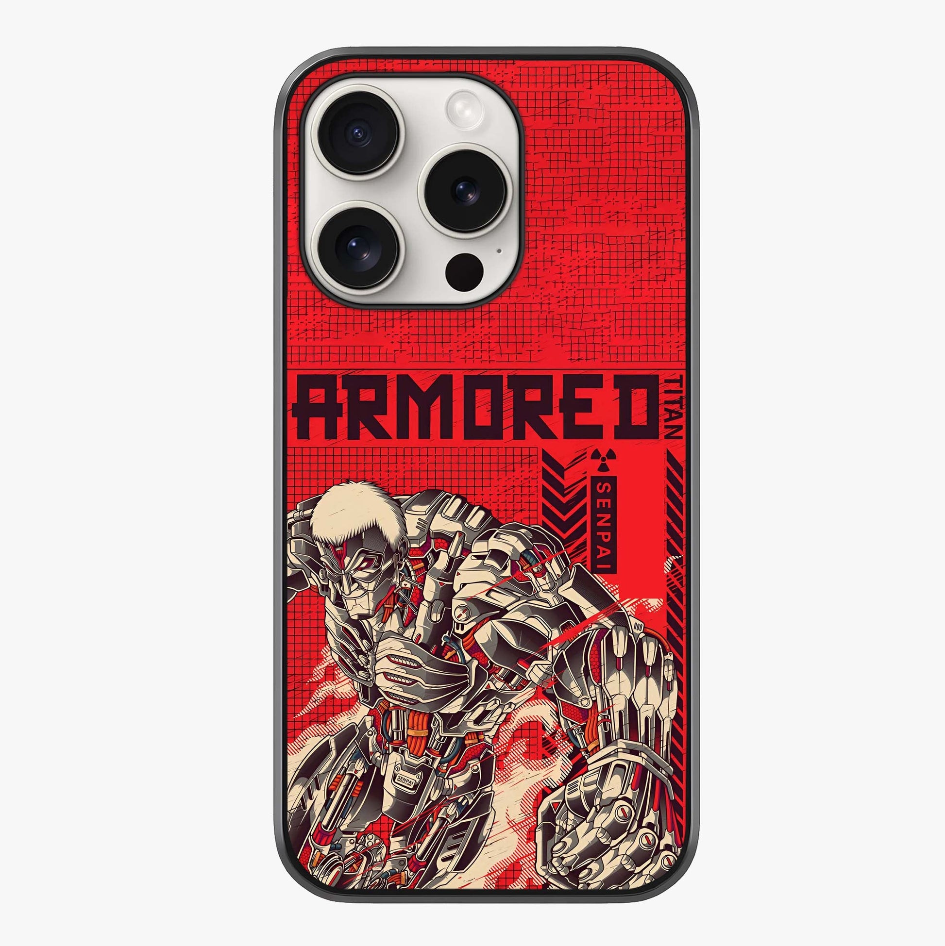 Crimson Mecha Titan Glass Case showing full back design in clean flat view with glossy glass finish.