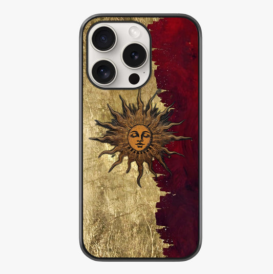 Crimson Sun Majesty Glass Case showing full back design in clean flat view with glossy glass finish.