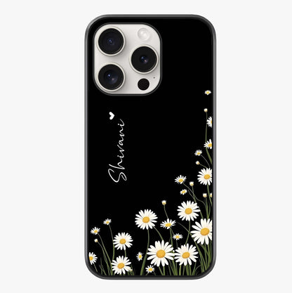 Daisy Cascade Custom Name Glass Case showing full back design in clean flat view with glossy glass finish.