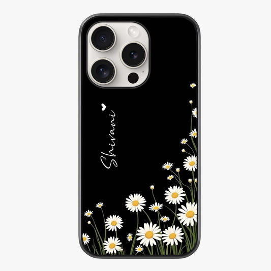 Daisy Cascade Custom Name Glass Case showing full back design in clean flat view with glossy glass finish.