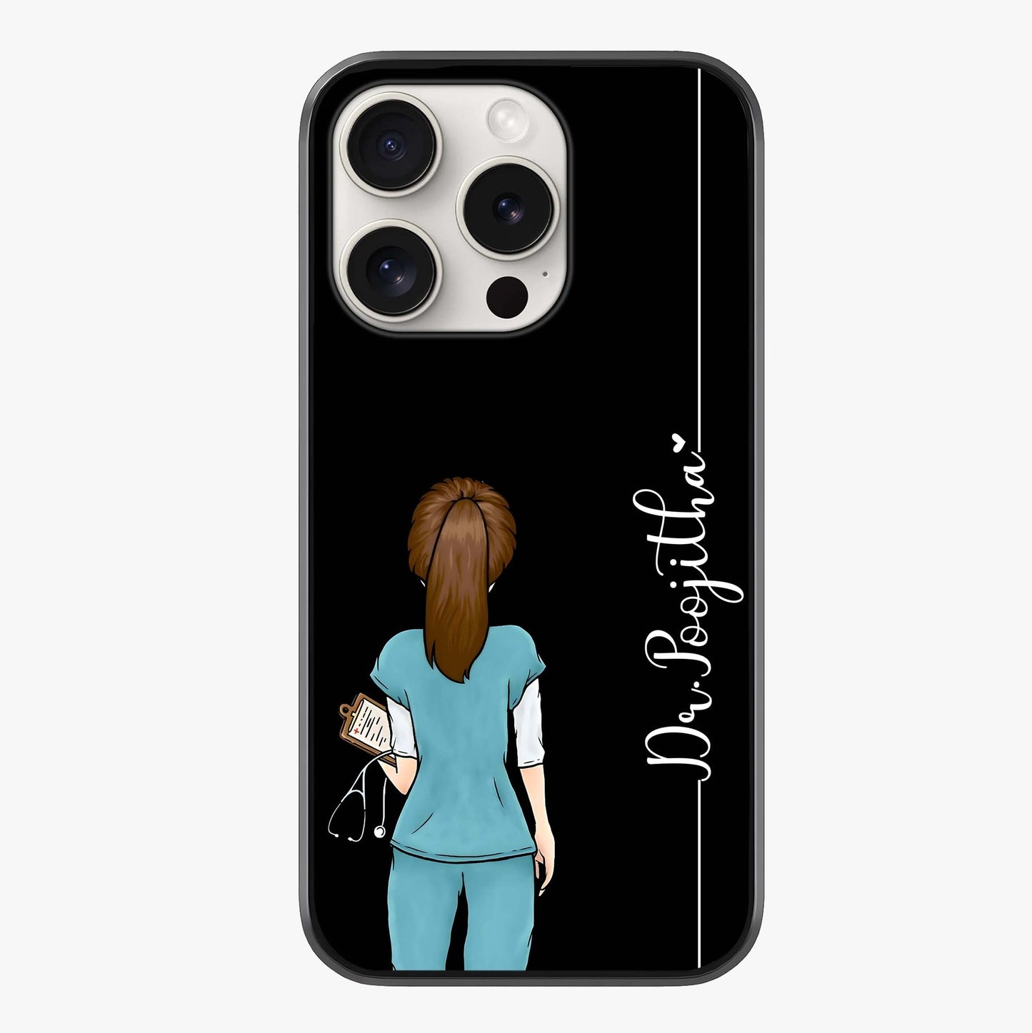 Doctor Pattern Custom Name Glass Case showing full back design in clean flat view with glossy glass finish.