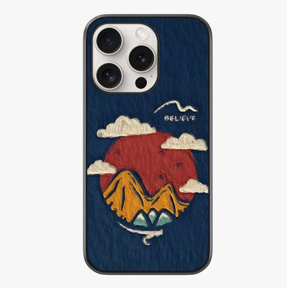 Dream Beyond Mountains Glass Case showing full back design in clean flat view with glossy glass finish.