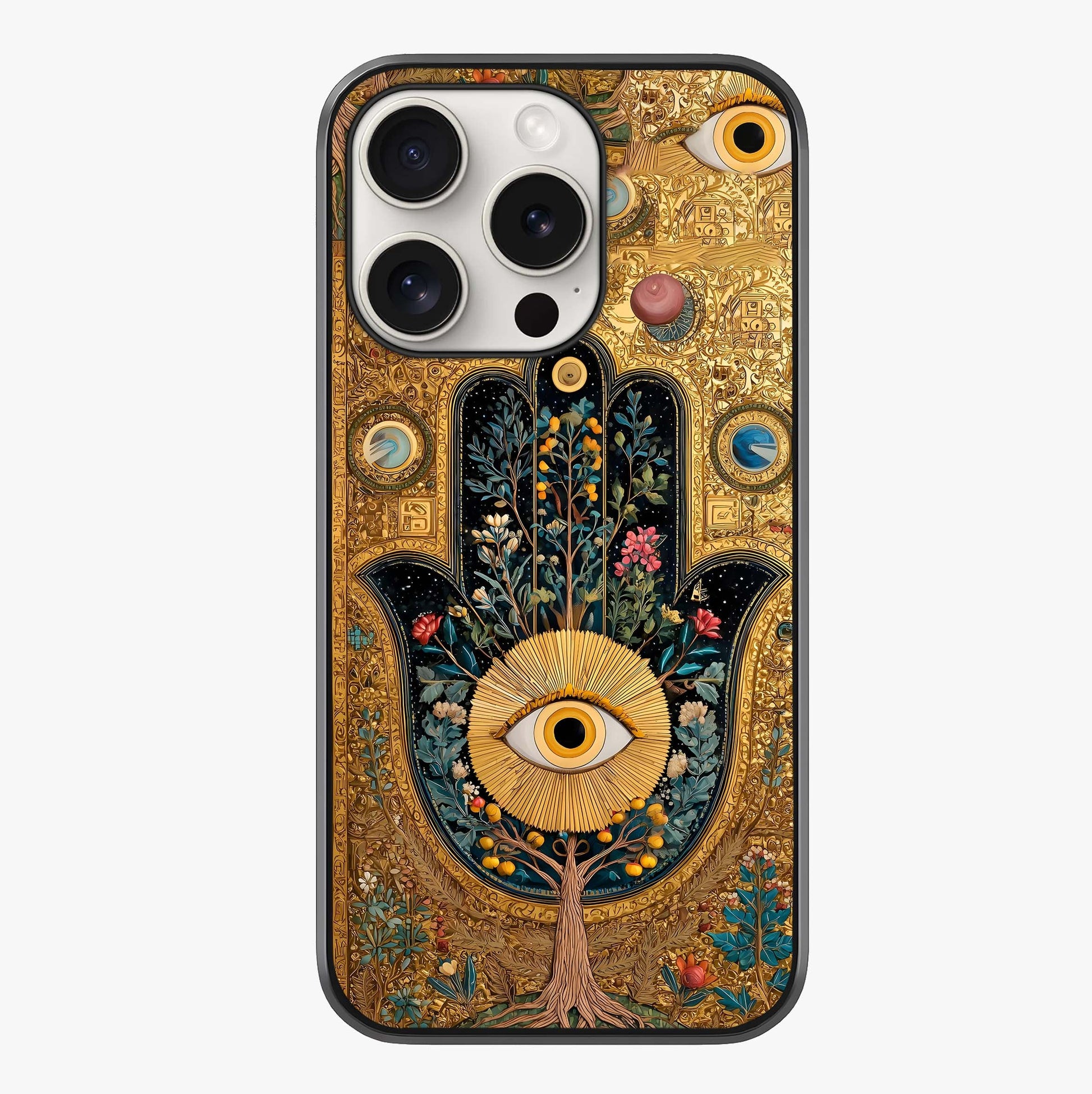 Ethereal Evil Eye Glass Case showing full back design in clean flat view with glossy glass finish.