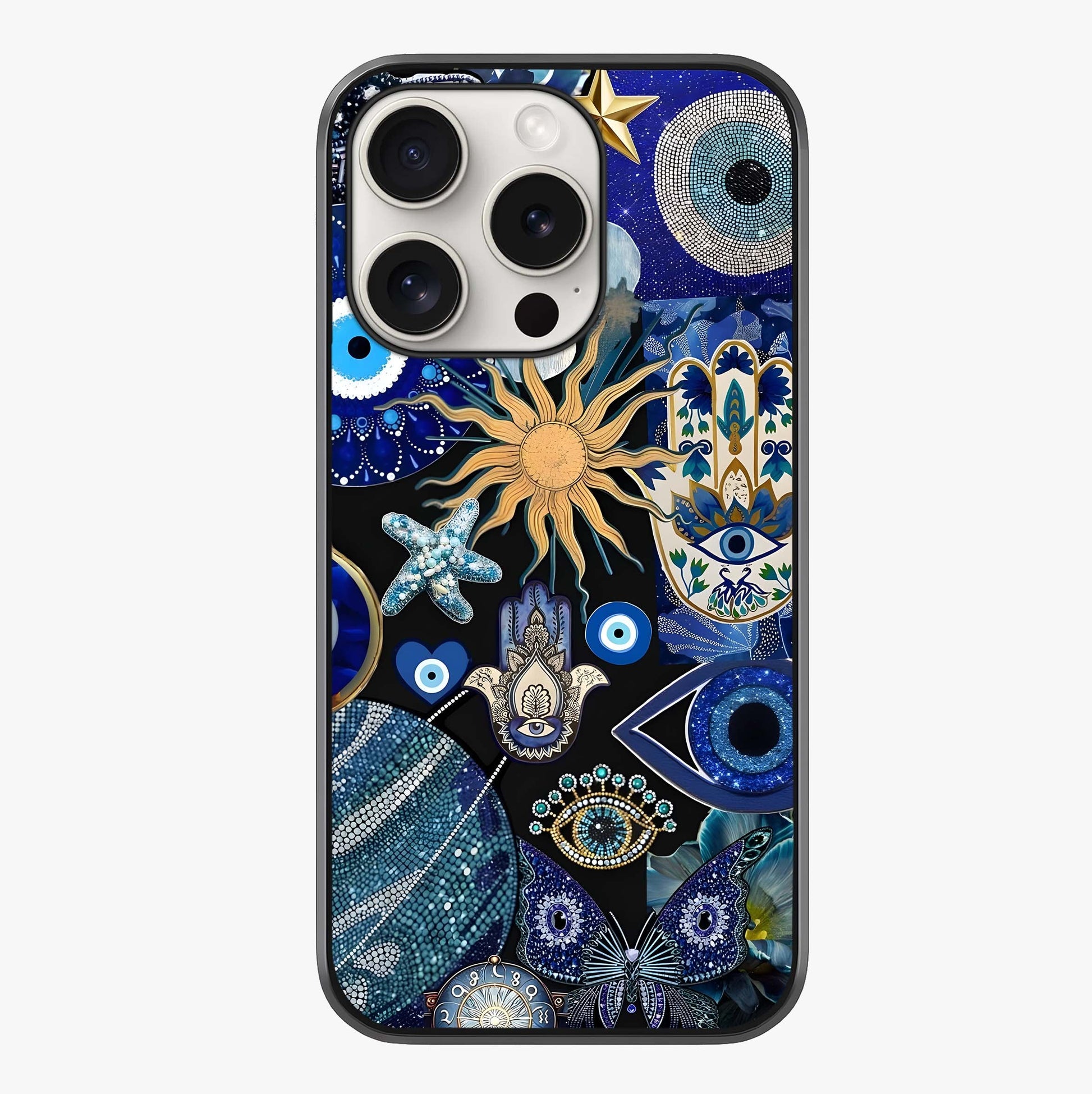 Evil Eye Charm Mix Glass Case showing full back design in clean flat view with glossy glass finish.