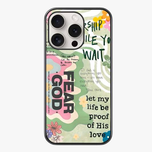 Faith Over Fear Glass Case showing full back design in clean flat view with glossy glass finish.