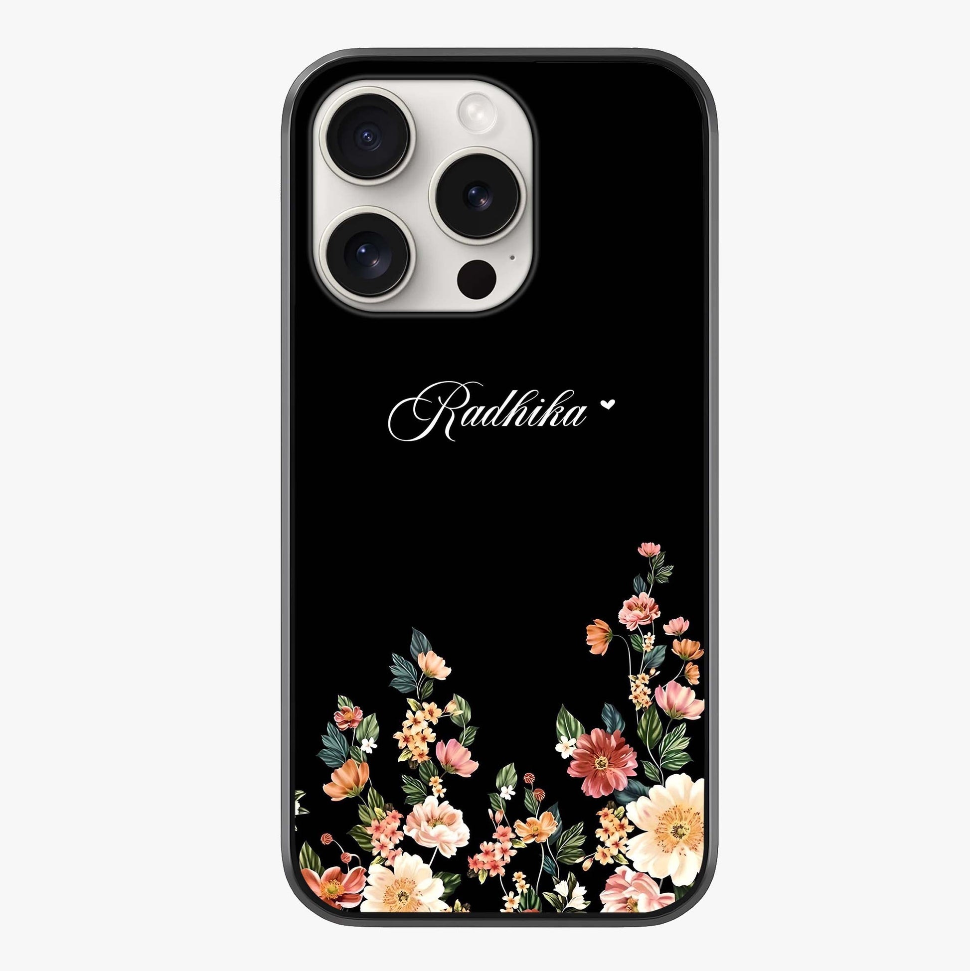 Floral Design With A Custom Personalized Name Glass Case showing full back design in clean flat view with glossy glass finish.