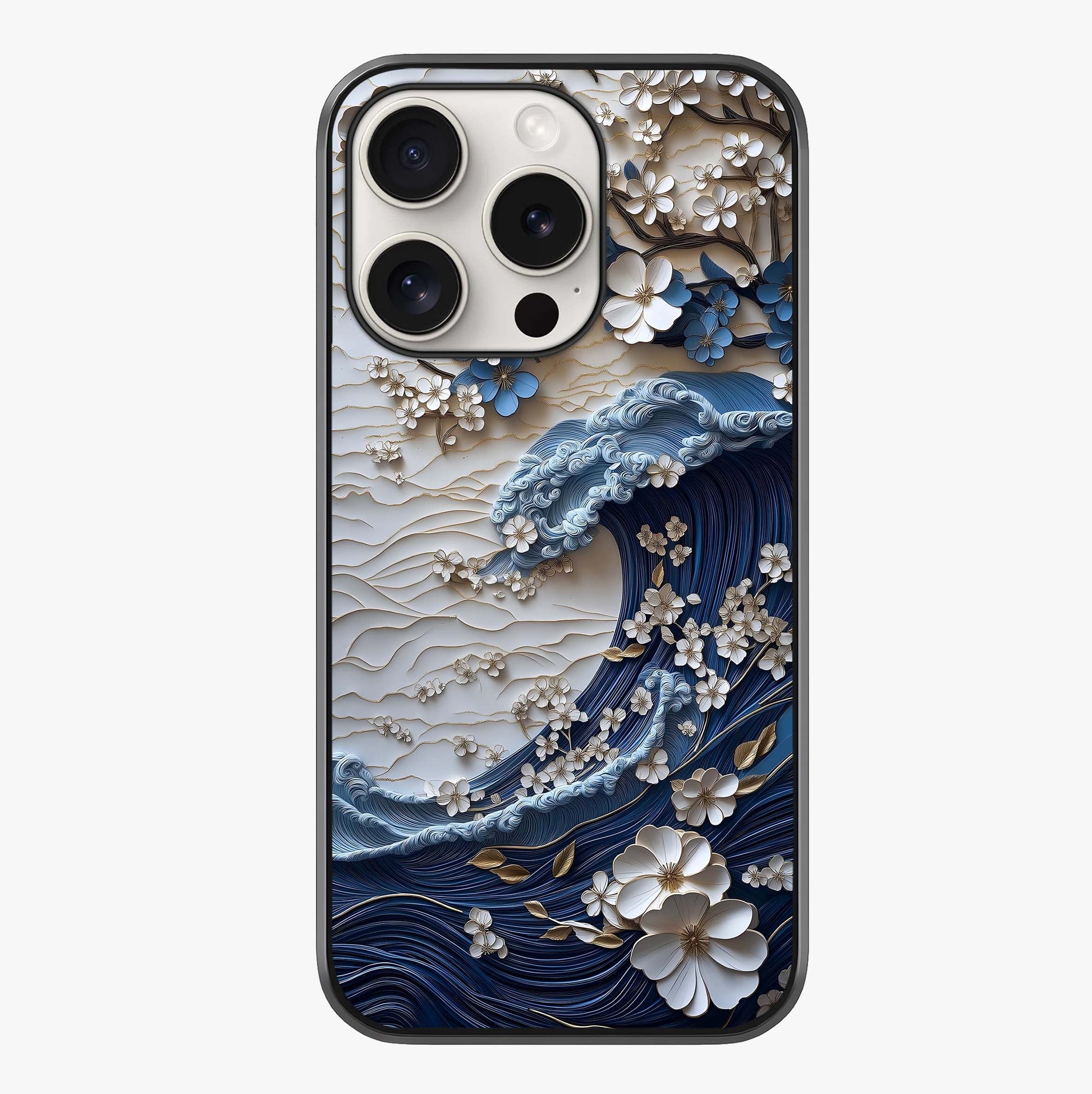 Floral Wave Origami Glass Case showing full back design in clean flat view with glossy glass finish.