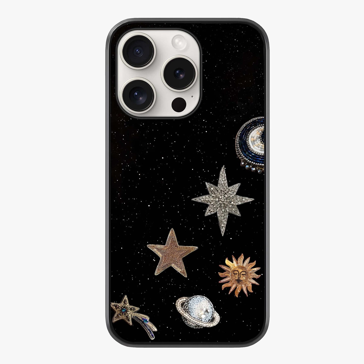 Galactic Charm Glow Glass Case showing full back design in clean flat view with glossy glass finish.