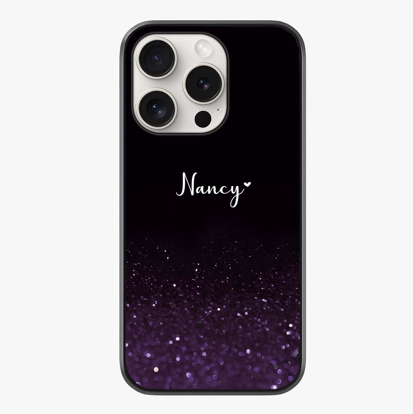 Glittery Purple Bokeh Custom Name Glass Case showing full back design in clean flat view with glossy glass finish.