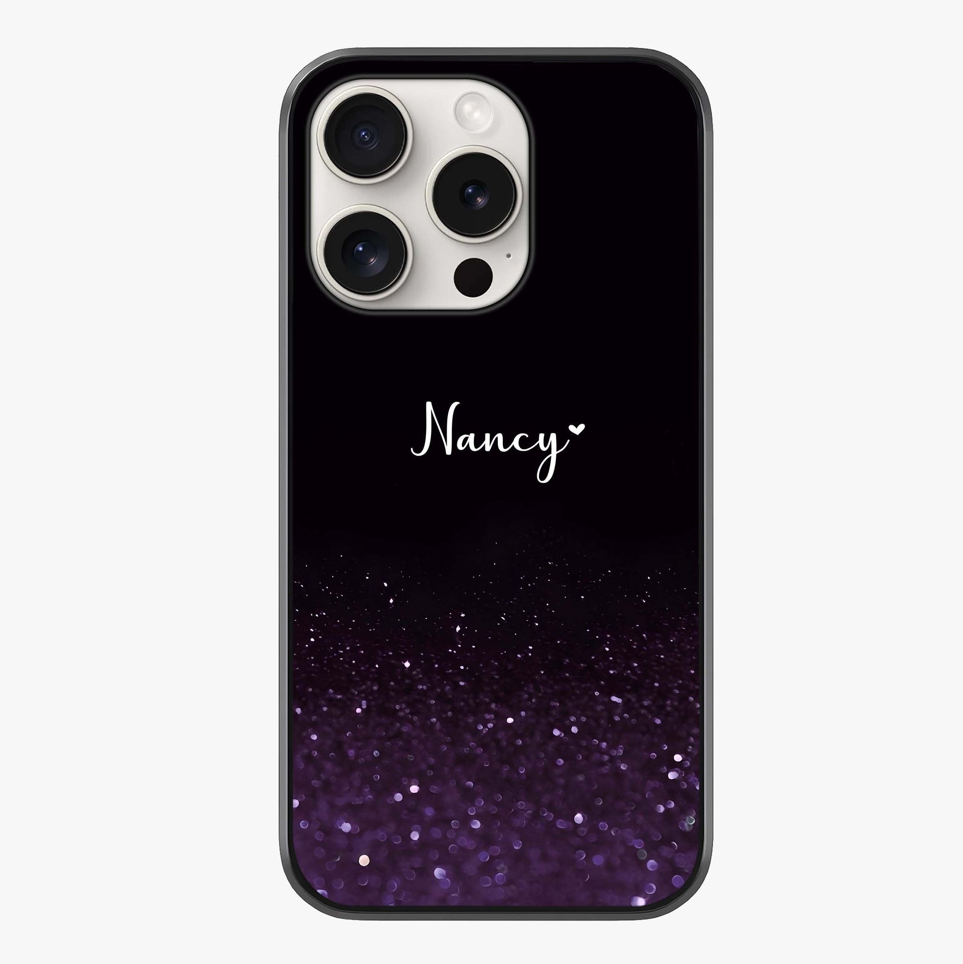 Glittery Purple Bokeh Custom Name Glass Case showing full back design in clean flat view with glossy glass finish.